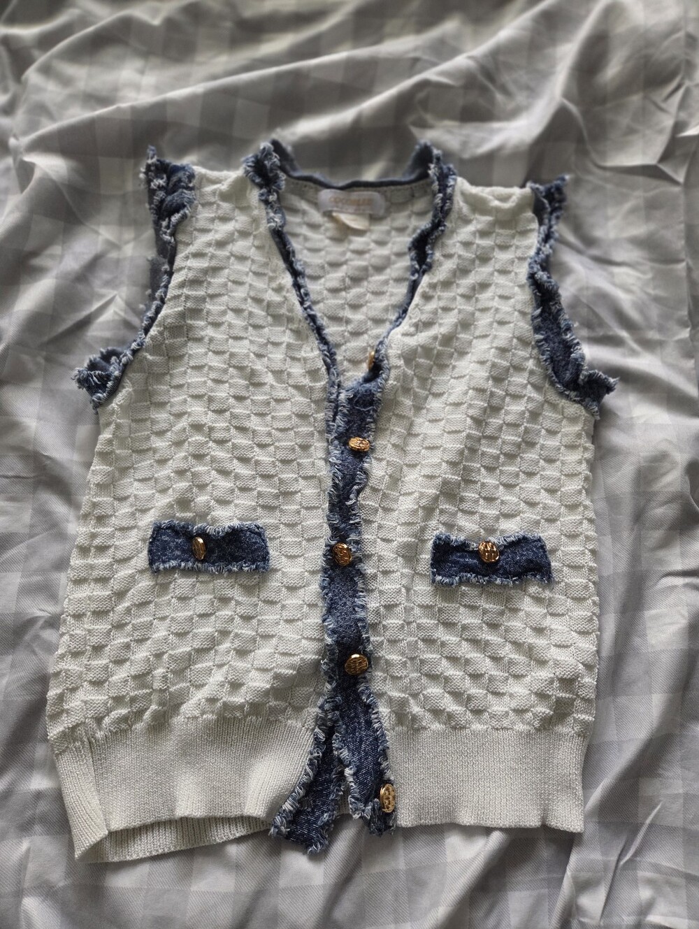 Cocobleu Sweater Vest with Denim Trim and Gold Buttons